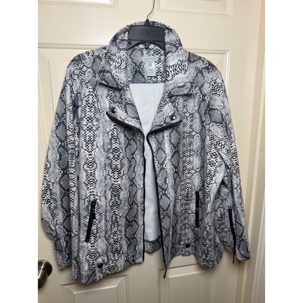 Multiples Womens 2X Snakeskin Print Moto Jacket Grey Black Faux Snake Skin